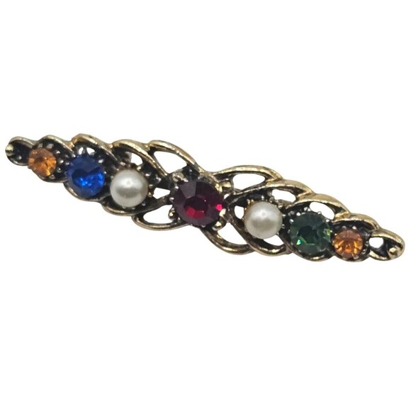 VTG Brooch Gold Tone Multicolor Rhinestone Elegant Regencycore Classy Bar Pin - Picture 1 of 11